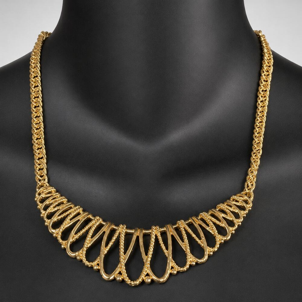 Vintage Textured Gold Tone Statement Bib Necklace Adjustable Retro gn01-3